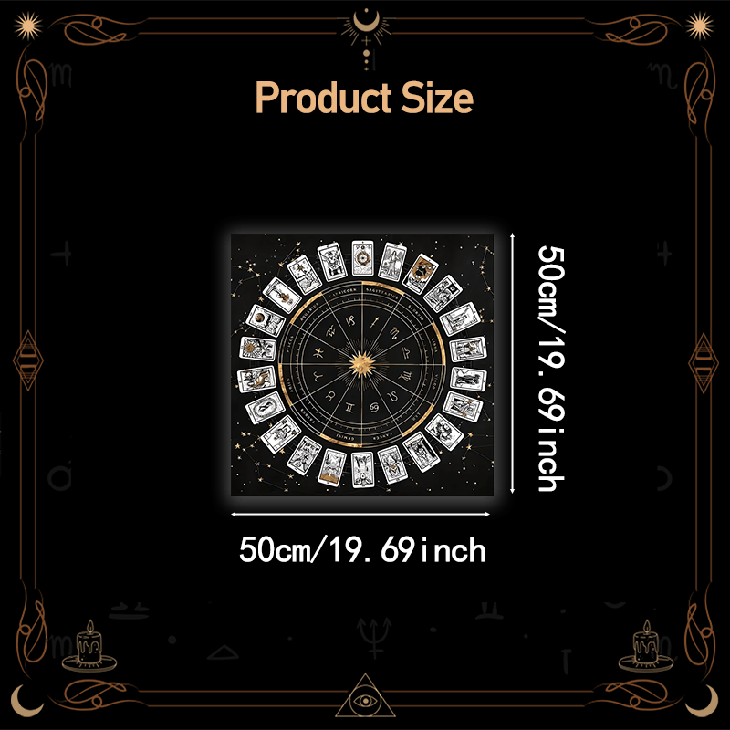 Zodiac Chart Tarot Tablecloth - Black & Golden Astrological layout with 12 Zodiac Signs - Heavy-Duty Machine-Washable Polyester Altar Cloth for Tarot, Astrology, Witchcraft, Meditation - Multiple Sizes (50x50/60x60/75x75/80x8