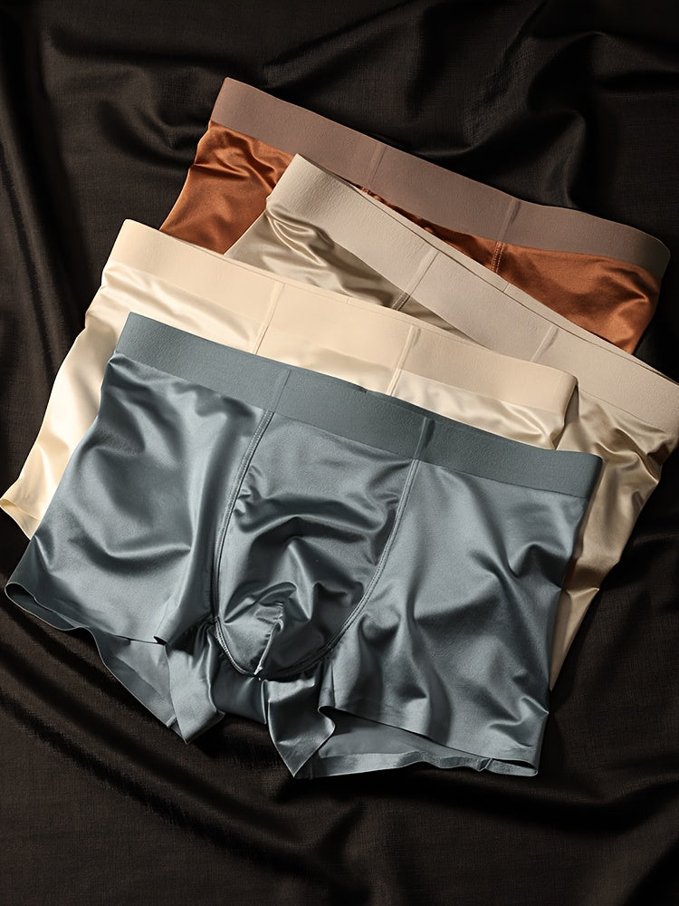 4pcs Black-Golden Gift Set Men's Summer Seamless Ice Silky Boxer Briefs - Shiny Glossy High-Quality - Multi-Color Solid - Comfortable & Breathable