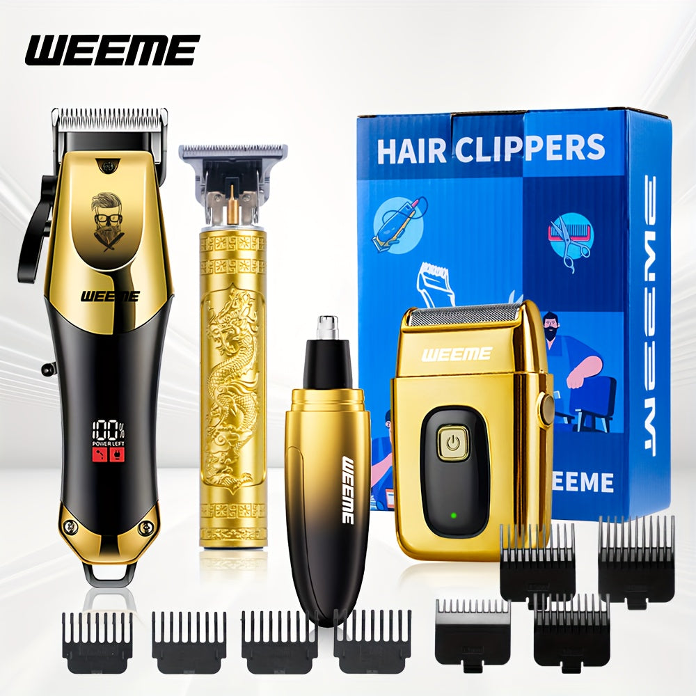 4pcs Men's Golden Electric Hairdresser Set, Household Beard Building Kit. Electric Hair Clipper + Electric Shaver + Electric Nose Hair Trimmer + Fine Trimmer. Used for Home, Car and Travel. Gifts for Fathers, Husbands, Sons,