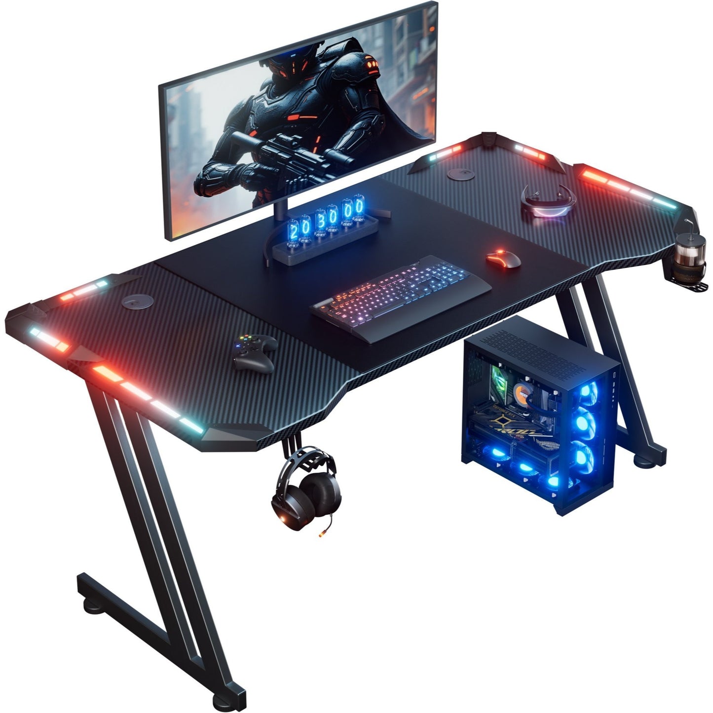 NEW RGB Gaming Black Desk Full Set with LED Lights and Mouse Pad, Large Ergonomic Computer Desk with Cup Holder & Headphone Hook, Modern Carbon Fiber Design for PC Gaming & Home Office