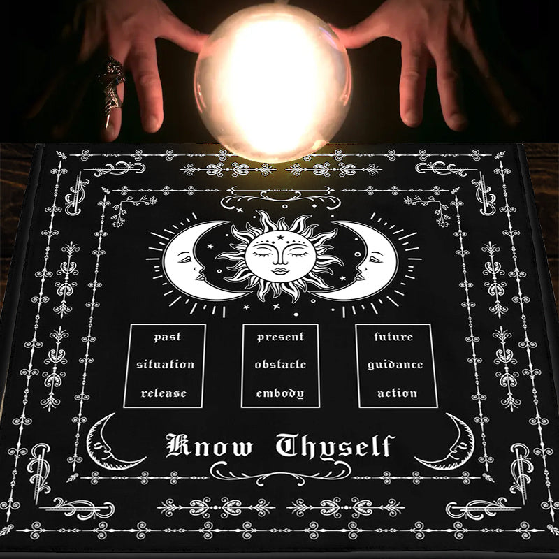 Know Thyself Tarot Spread Cloth - Sun & Moon Phase Layout with Past-Present-Future, Guidance, Obstacle Release & Emotional Balance - Witch Altar Decor, Tarot Reading Mat - Durable Fabric Cloth for Meditation, Divination, and