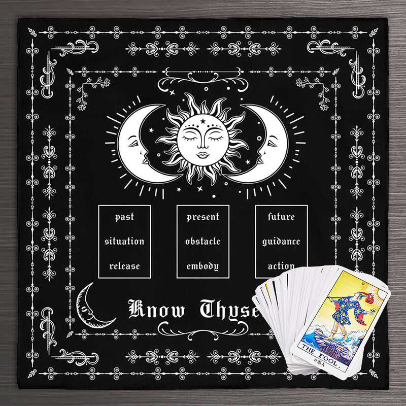 Know Thyself Tarot Spread Cloth - Sun & Moon Phase Layout with Past-Present-Future, Guidance, Obstacle Release & Emotional Balance - Witch Altar Decor, Tarot Reading Mat - Durable Fabric Cloth for Meditation, Divination, and