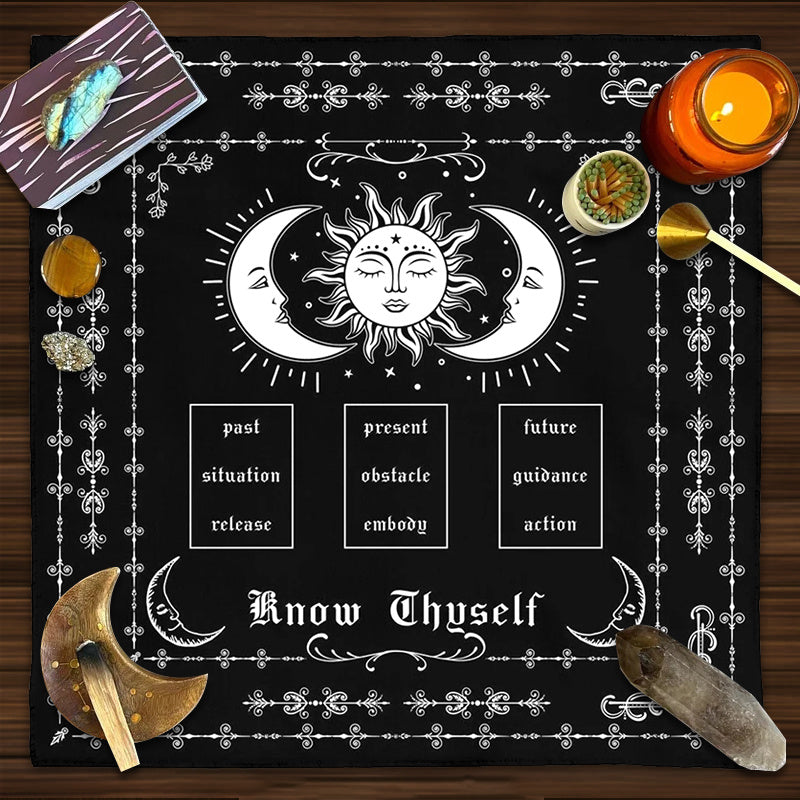 Know Thyself Tarot Spread Cloth - Sun & Moon Phase Layout with Past-Present-Future, Guidance, Obstacle Release & Emotional Balance - Witch Altar Decor, Tarot Reading Mat - Durable Fabric Cloth for Meditation, Divination, and