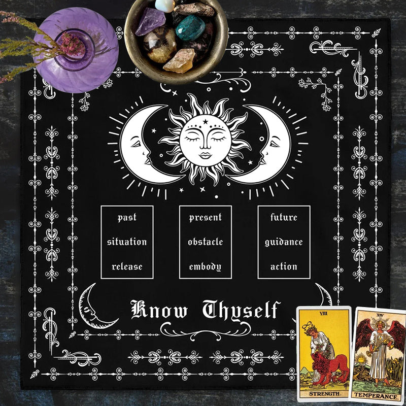 Know Thyself Tarot Spread Cloth - Sun & Moon Phase Layout with Past-Present-Future, Guidance, Obstacle Release & Emotional Balance - Witch Altar Decor, Tarot Reading Mat - Durable Fabric Cloth for Meditation, Divination, and