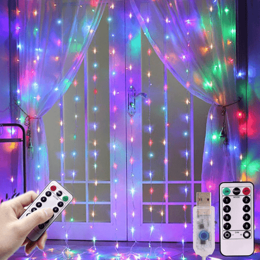298.7cm X 298.7cm 300 LED 8 Lighting Modes Fairy Copper Light With Remote Colorful Window Curtain String Lights, USB Powered For New Year Christmas Bedroom Party, Wedding Home Garden Wall Decorations
