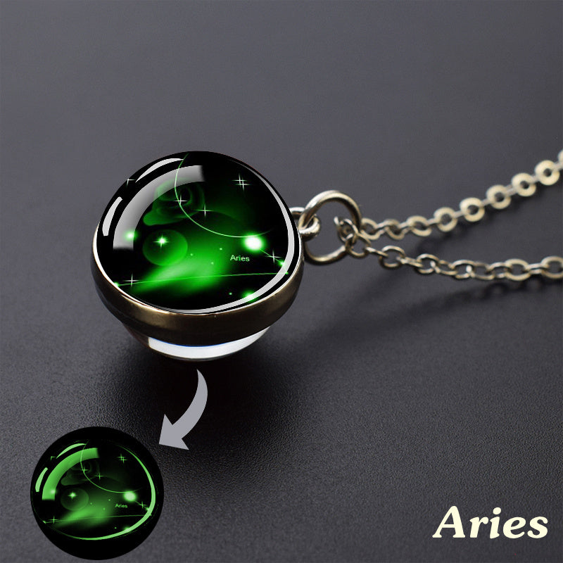 Glow-in-the-Dark Zodiac Pendant Necklace - Starry Sky Glass Ball with Luminous Constellation Design, Fashionable Zinc Alloy Jewelry for Men