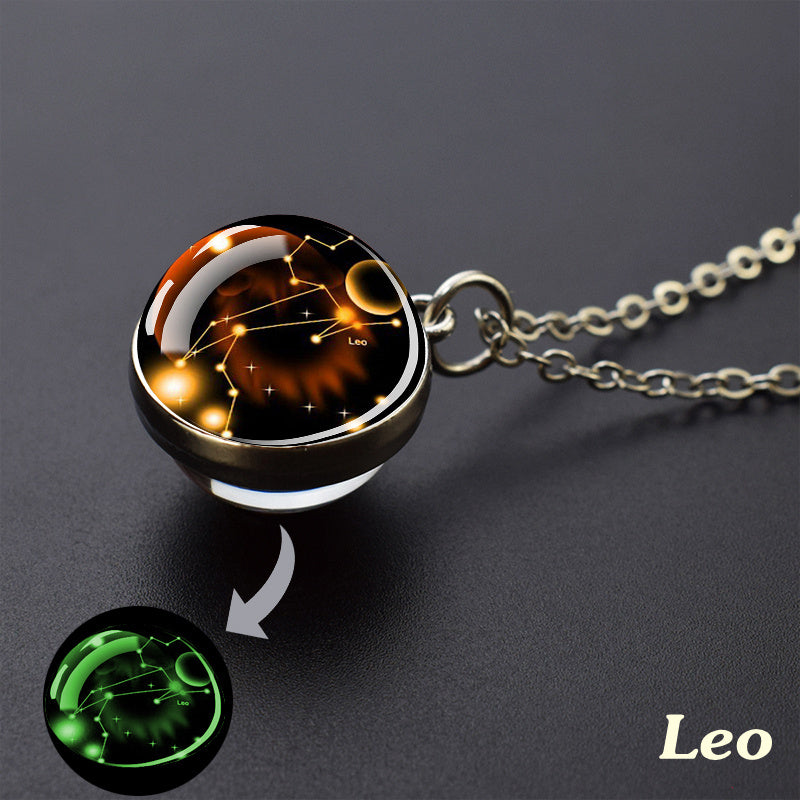 Glow-in-the-Dark Zodiac Pendant Necklace - Starry Sky Glass Ball with Luminous Constellation Design, Fashionable Zinc Alloy Jewelry for Men