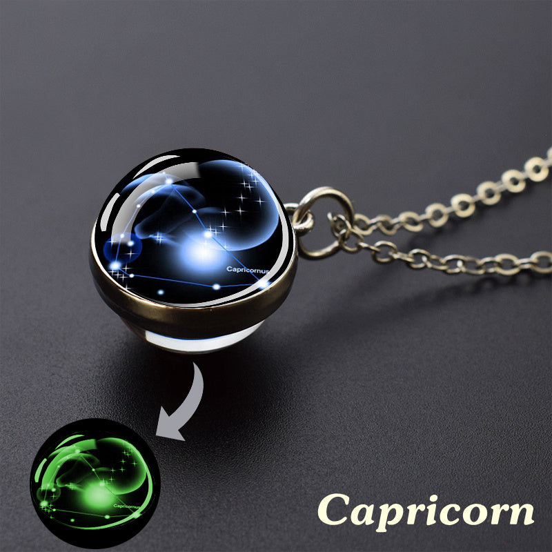 Glow-in-the-Dark Zodiac Pendant Necklace - Starry Sky Glass Ball with Luminous Constellation Design, Fashionable Zinc Alloy Jewelry for Men