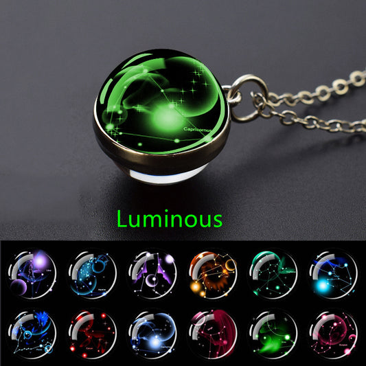 Glow-in-the-Dark Zodiac Pendant Necklace - Starry Sky Glass Ball with Luminous Constellation Design, Fashionable Zinc Alloy Jewelry for Men