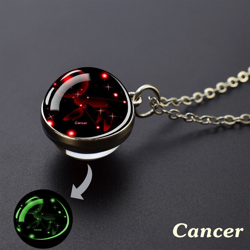 Glow-in-the-Dark Zodiac Pendant Necklace - Starry Sky Glass Ball with Luminous Constellation Design, Fashionable Zinc Alloy Jewelry for Men