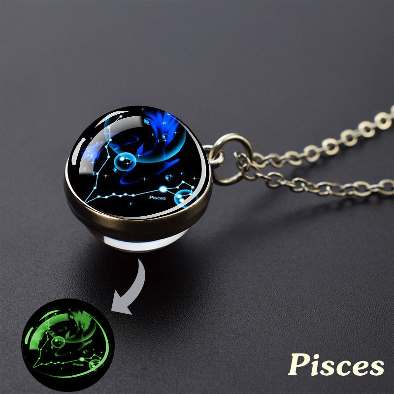 Glow-in-the-Dark Zodiac Pendant Necklace - Starry Sky Glass Ball with Luminous Constellation Design, Fashionable Zinc Alloy Jewelry for Men