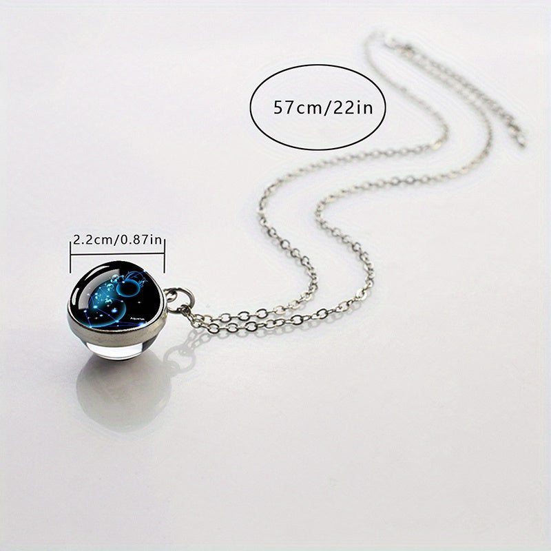 Glow-in-the-Dark Zodiac Pendant Necklace - Starry Sky Glass Ball with Luminous Constellation Design, Fashionable Zinc Alloy Jewelry for Men