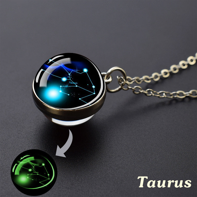 Glow-in-the-Dark Zodiac Pendant Necklace - Starry Sky Glass Ball with Luminous Constellation Design, Fashionable Zinc Alloy Jewelry for Men