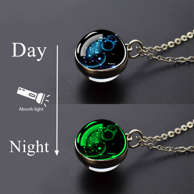 Glow-in-the-Dark Zodiac Pendant Necklace - Starry Sky Glass Ball with Luminous Constellation Design, Fashionable Zinc Alloy Jewelry for Men