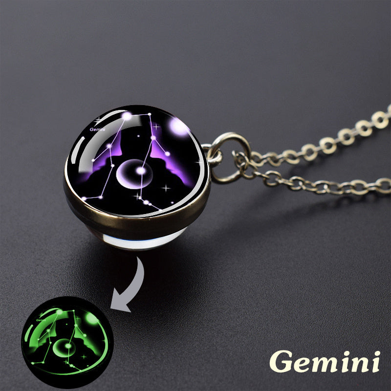 Glow-in-the-Dark Zodiac Pendant Necklace - Starry Sky Glass Ball with Luminous Constellation Design, Fashionable Zinc Alloy Jewelry for Men
