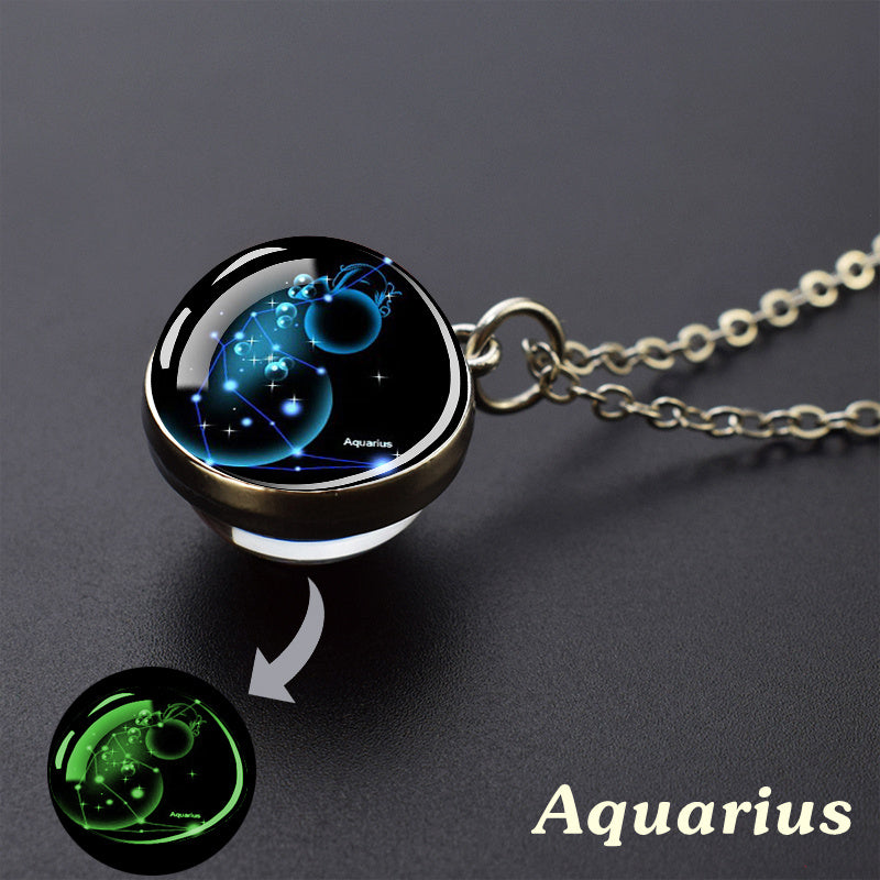 Glow-in-the-Dark Zodiac Pendant Necklace - Starry Sky Glass Ball with Luminous Constellation Design, Fashionable Zinc Alloy Jewelry for Men