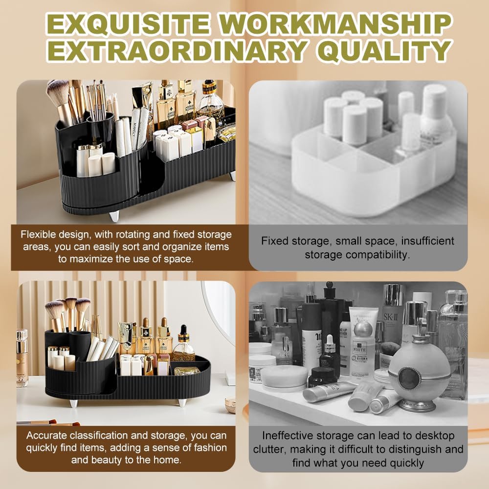 Black and White Color Rotating Makeup Organizer, 360°Rotating Large Capacity Brush Holder, Storage with Compartments for Vanity, Bathroom, Desk Container, Cosmetic Display Cases