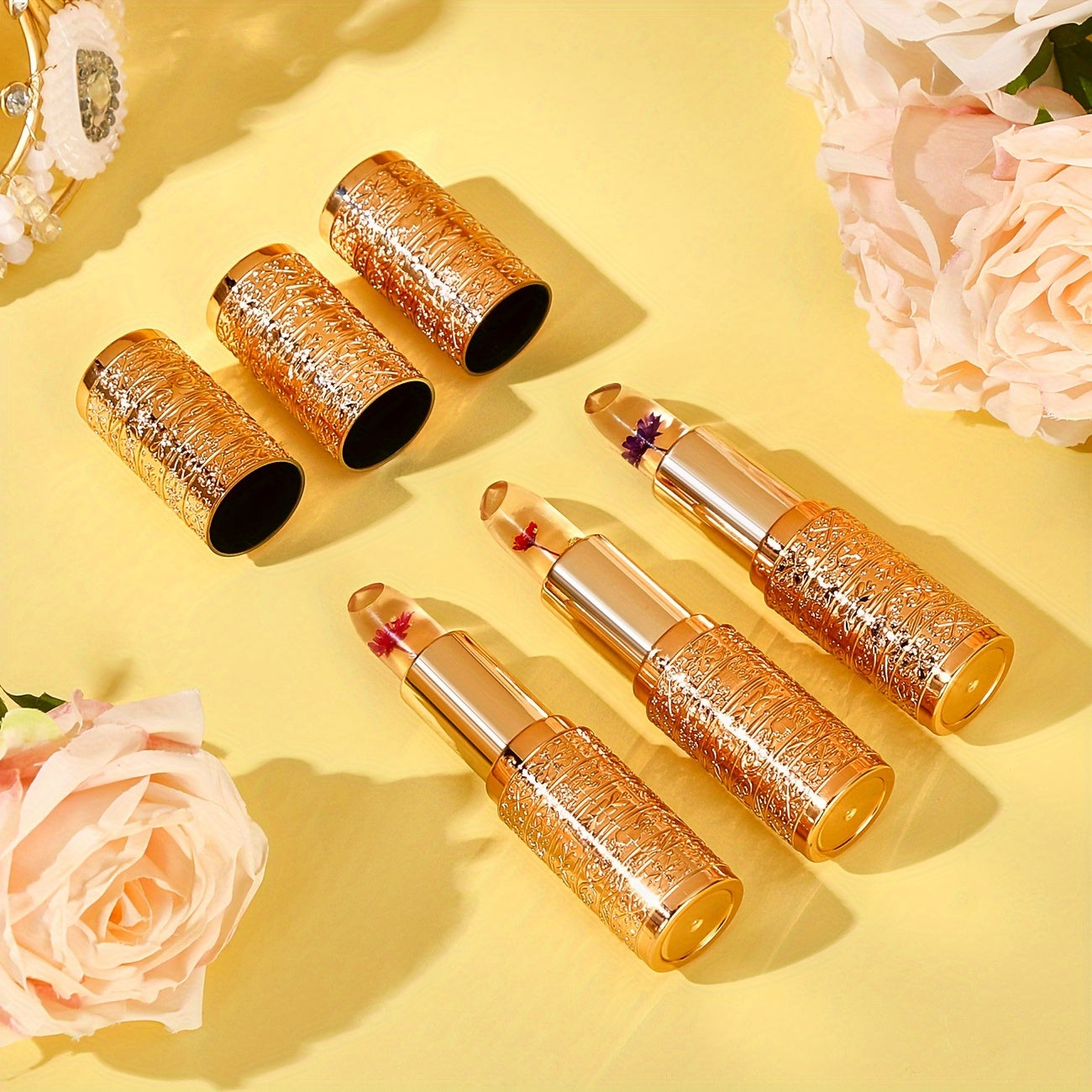 3 PCS Set of Petal-Shaped Color-Changing Jelly Lipsticks, Long-lasting Moisturizing and Fade-Resistant Lipsticks Women Female Make Up Accessories Korean Cosmetic Supplies