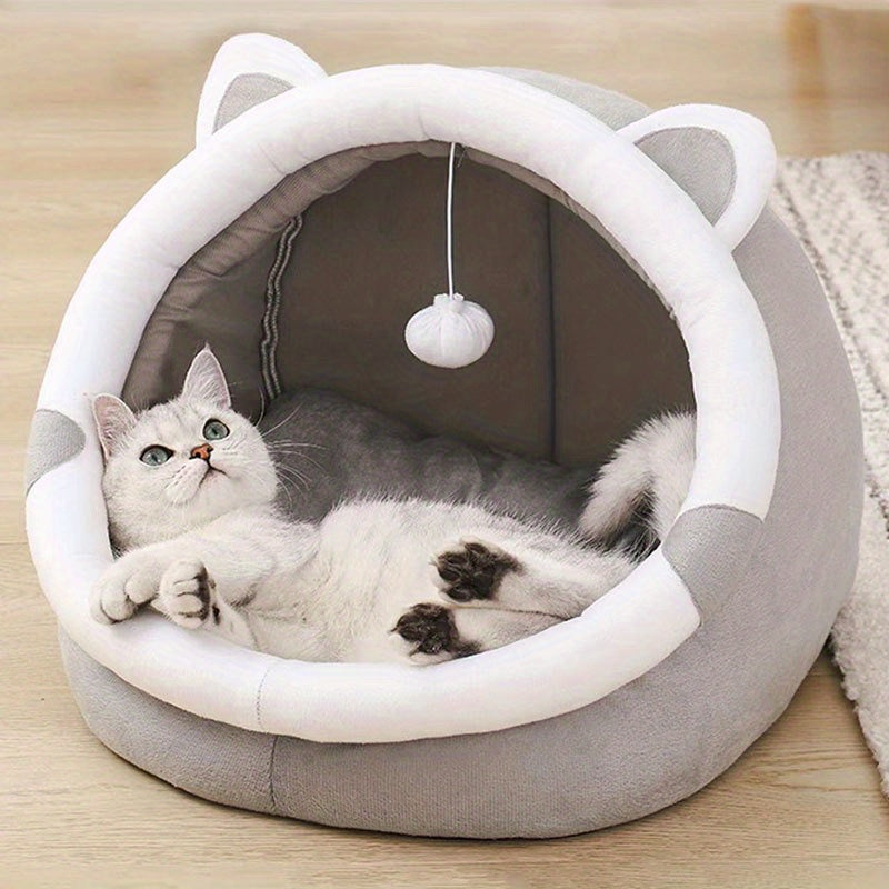 Large 42-35cm Cozy Cartoon Cat Cave Bed, Keep Your Kitten Warm And Snug In This Cute Pet House