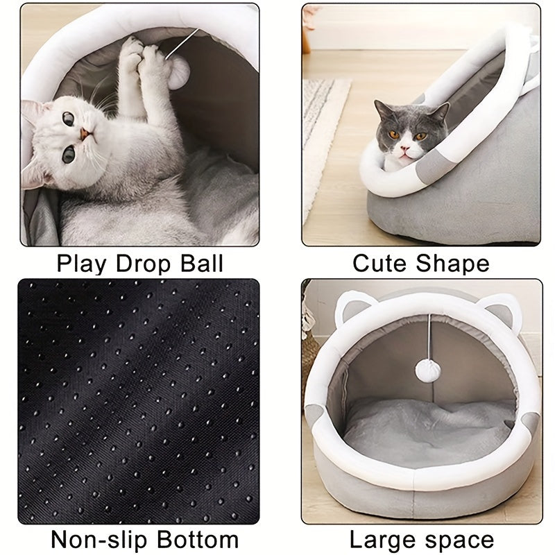 Large 42-35cm Cozy Cartoon Cat Cave Bed, Keep Your Kitten Warm And Snug In This Cute Pet House