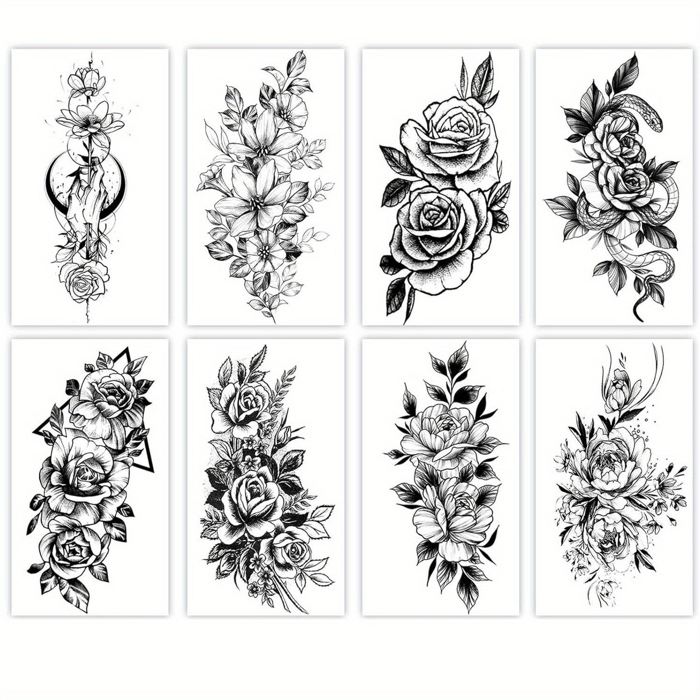8 PCS Set Flower Tattoos for Women, Temporary Sexy Tattoos, Realistic 3D Sketch Henna Tattoo Kit Sleeves for Women, Makeup Designs Chest Abdomen Back Tattoos