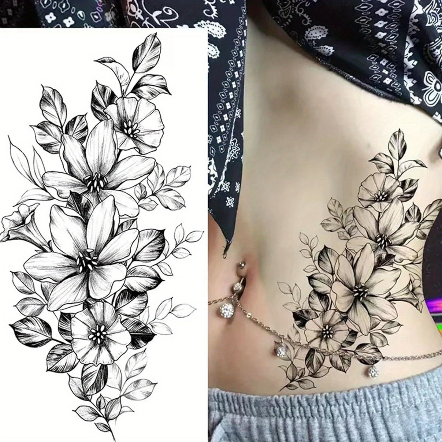 8 PCS Set Flower Tattoos for Women, Temporary Sexy Tattoos, Realistic 3D Sketch Henna Tattoo Kit Sleeves for Women, Makeup Designs Chest Abdomen Back Tattoos