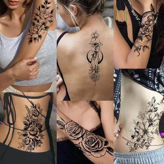 8 PCS Set Flower Tattoos for Women, Temporary Sexy Tattoos, Realistic 3D Sketch Henna Tattoo Kit Sleeves for Women, Makeup Designs Chest Abdomen Back Tattoos