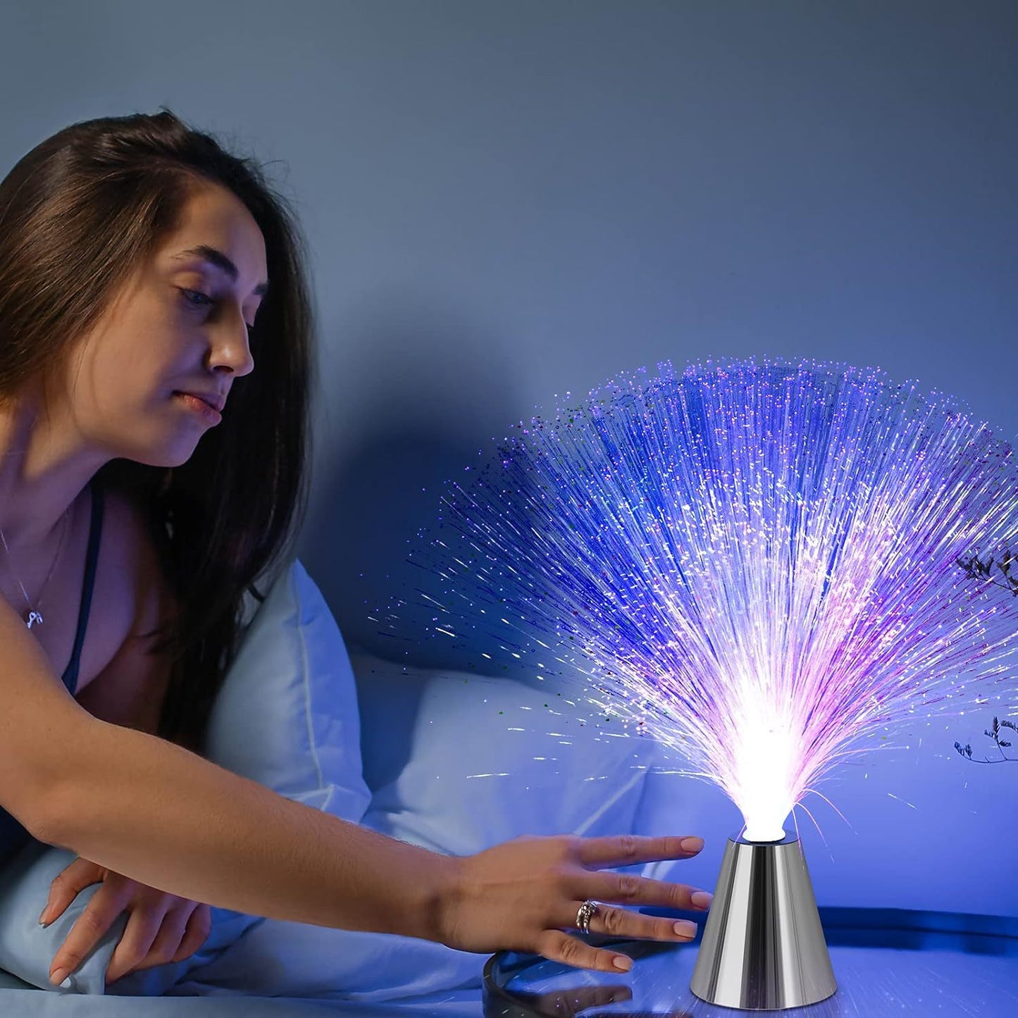 Fiber Optic Lamp - LED Color Changing with Cone-Diamond Base - Battery Powered Calming Mood Bedroom Romantic Night Light Home Lighting Accessories