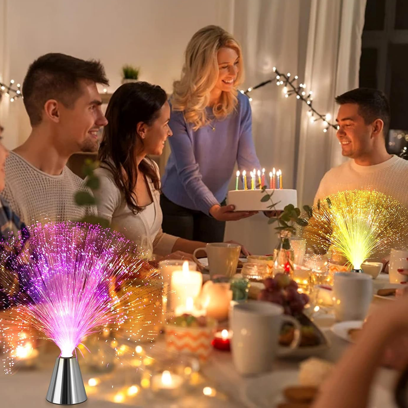 Fiber Optic Lamp - LED Color Changing with Cone-Diamond Base - Battery Powered Calming Mood Bedroom Romantic Night Light Home Lighting Accessories