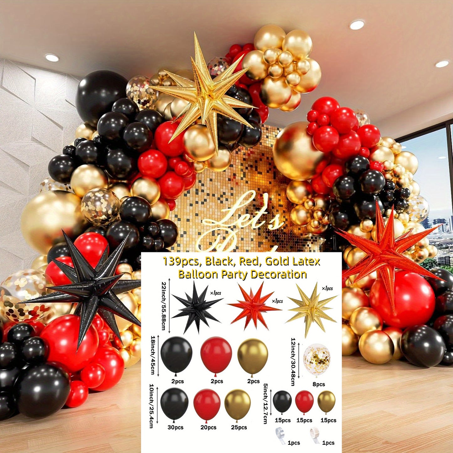 139 PCS Happy New Year Balloon Set Black, Red, Gold Latex Balloons Exploding Star Foil Balloon Decorations Graduation Season Ceremony Decorations Holiday Celebration Decorations Birthday Balloon Decorations Balloon Party Deco