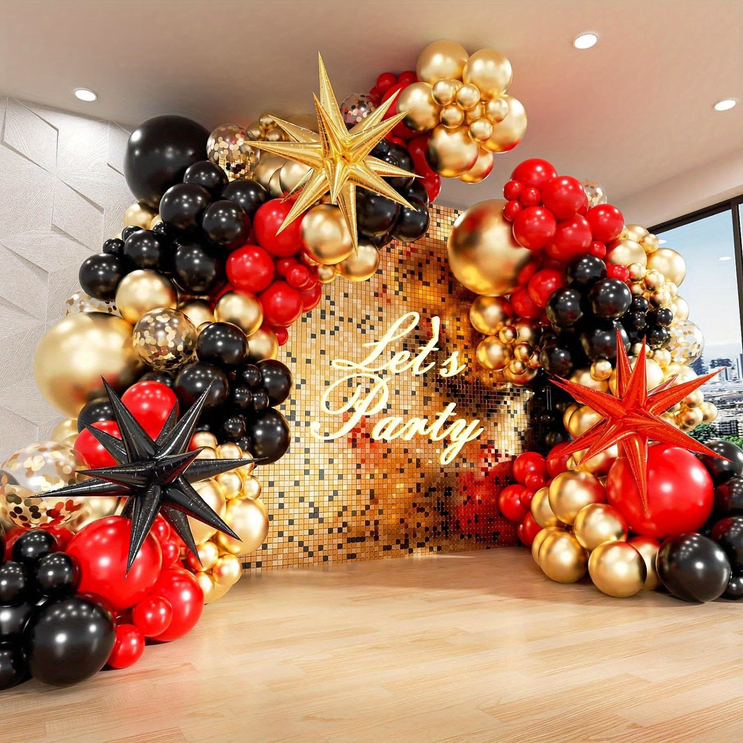 139 PCS Happy New Year Balloon Set Black, Red, Gold Latex Balloons Exploding Star Foil Balloon Decorations Graduation Season Ceremony Decorations Holiday Celebration Decorations Birthday Balloon Decorations Balloon Party Deco