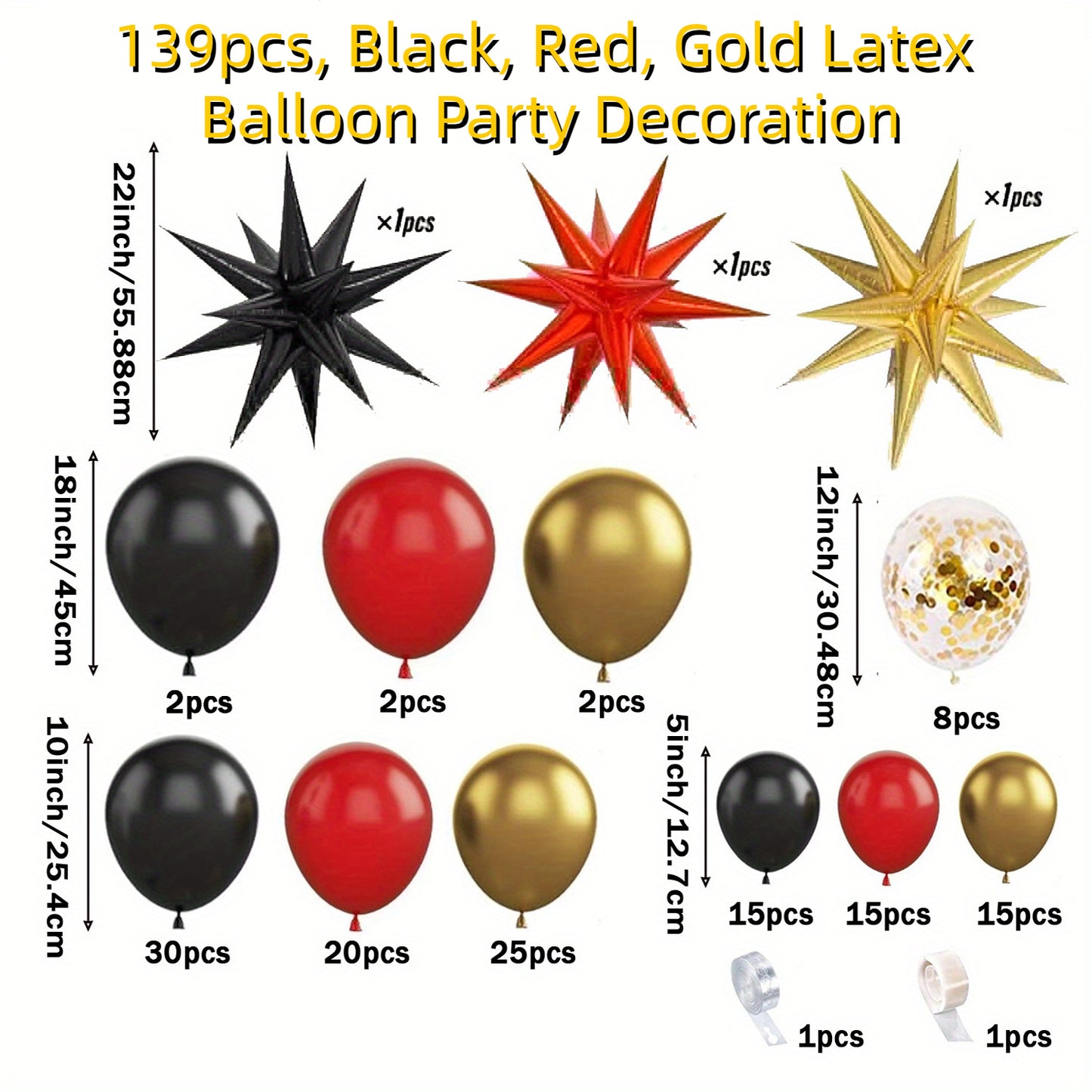 139 PCS Happy New Year Balloon Set Black, Red, Gold Latex Balloons Exploding Star Foil Balloon Decorations Graduation Season Ceremony Decorations Holiday Celebration Decorations Birthday Balloon Decorations Balloon Party Deco