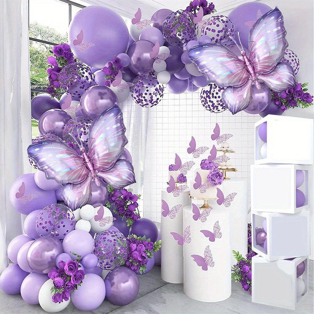 129pcs Purple Butterfly Balloon Garland Arch Kit - Elegant Purple & Balloon Set with Heart-Shaped Balloons, Perfect for Weddings, Birthdays, Anniversaries, Valentine'S Day, Christmas, Halloween, Party Decorations, Graduations