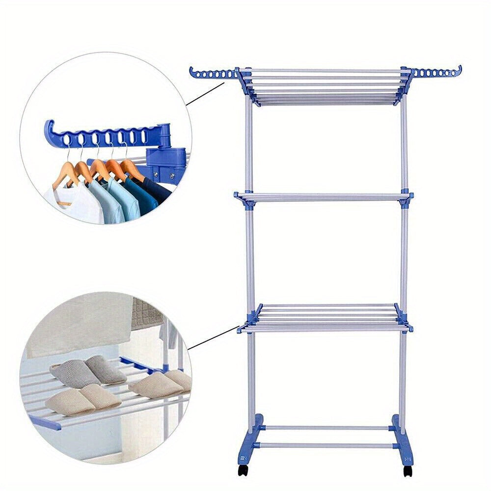 NEW Extra Large 4-Tier Foldable Clothes Airer - Durable Steel & Plastic Laundry Dryer Rack with Wheel Stoppers, Ideal for Indoor/Outdoor Use, Dries Clothes, Towels, Bedding - Easy Assembly, Blue