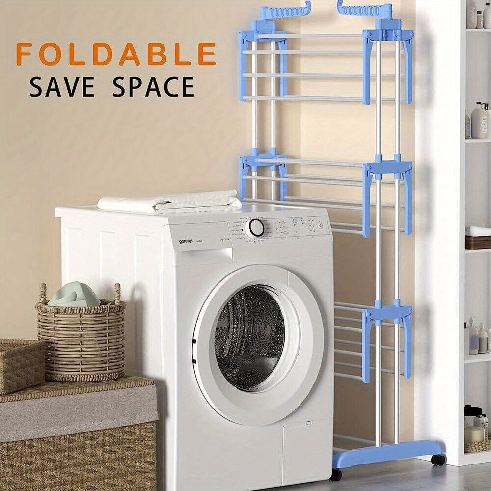 NEW Extra Large 4-Tier Foldable Clothes Airer - Durable Steel & Plastic Laundry Dryer Rack with Wheel Stoppers, Ideal for Indoor/Outdoor Use, Dries Clothes, Towels, Bedding - Easy Assembly, Blue