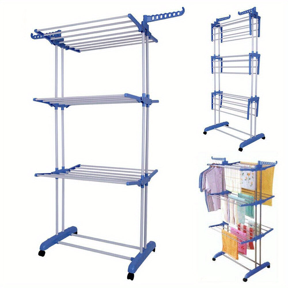 NEW Extra Large 4-Tier Foldable Clothes Airer - Durable Steel & Plastic Laundry Dryer Rack with Wheel Stoppers, Ideal for Indoor/Outdoor Use, Dries Clothes, Towels, Bedding - Easy Assembly, Blue