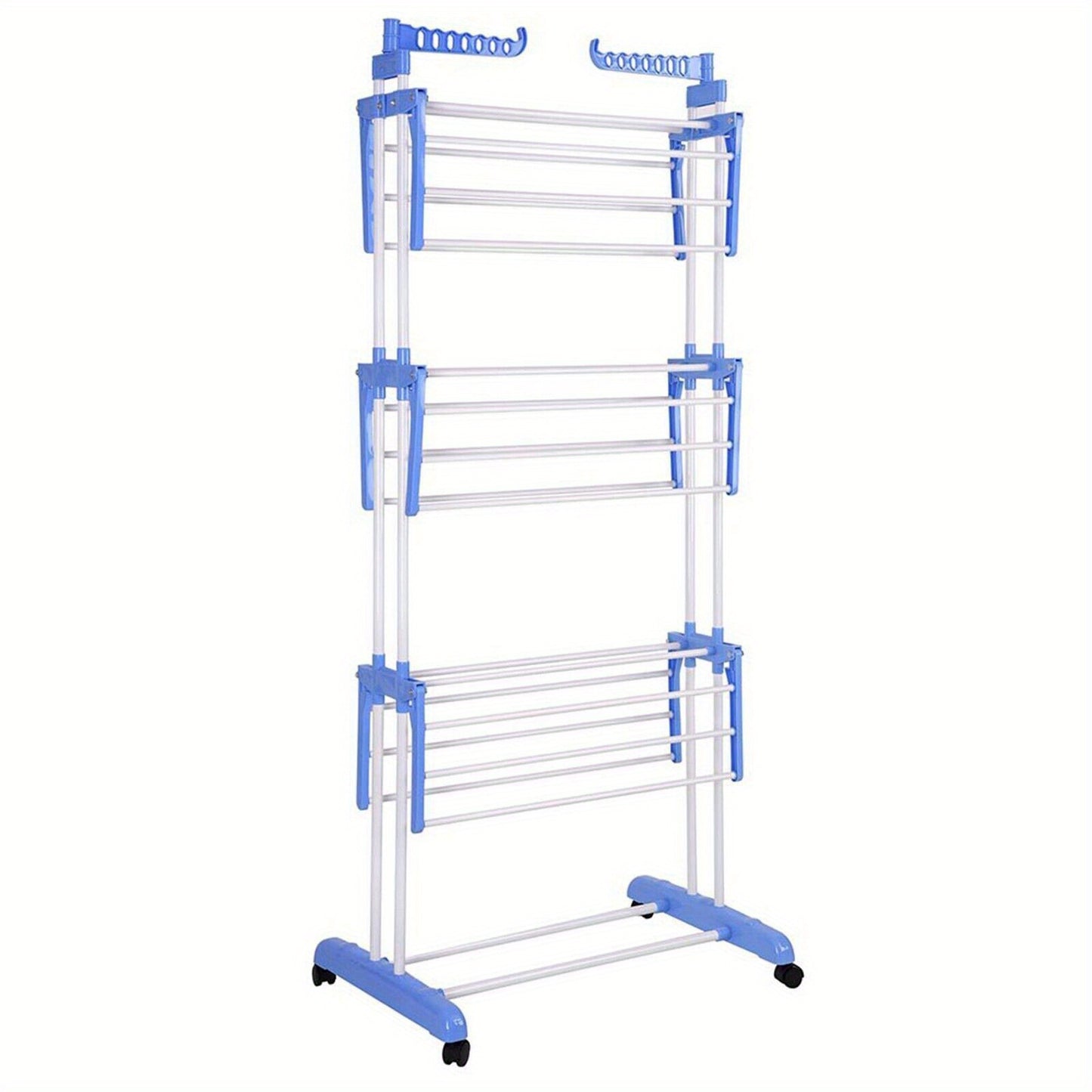 NEW Extra Large 4-Tier Foldable Clothes Airer - Durable Steel & Plastic Laundry Dryer Rack with Wheel Stoppers, Ideal for Indoor/Outdoor Use, Dries Clothes, Towels, Bedding - Easy Assembly, Blue