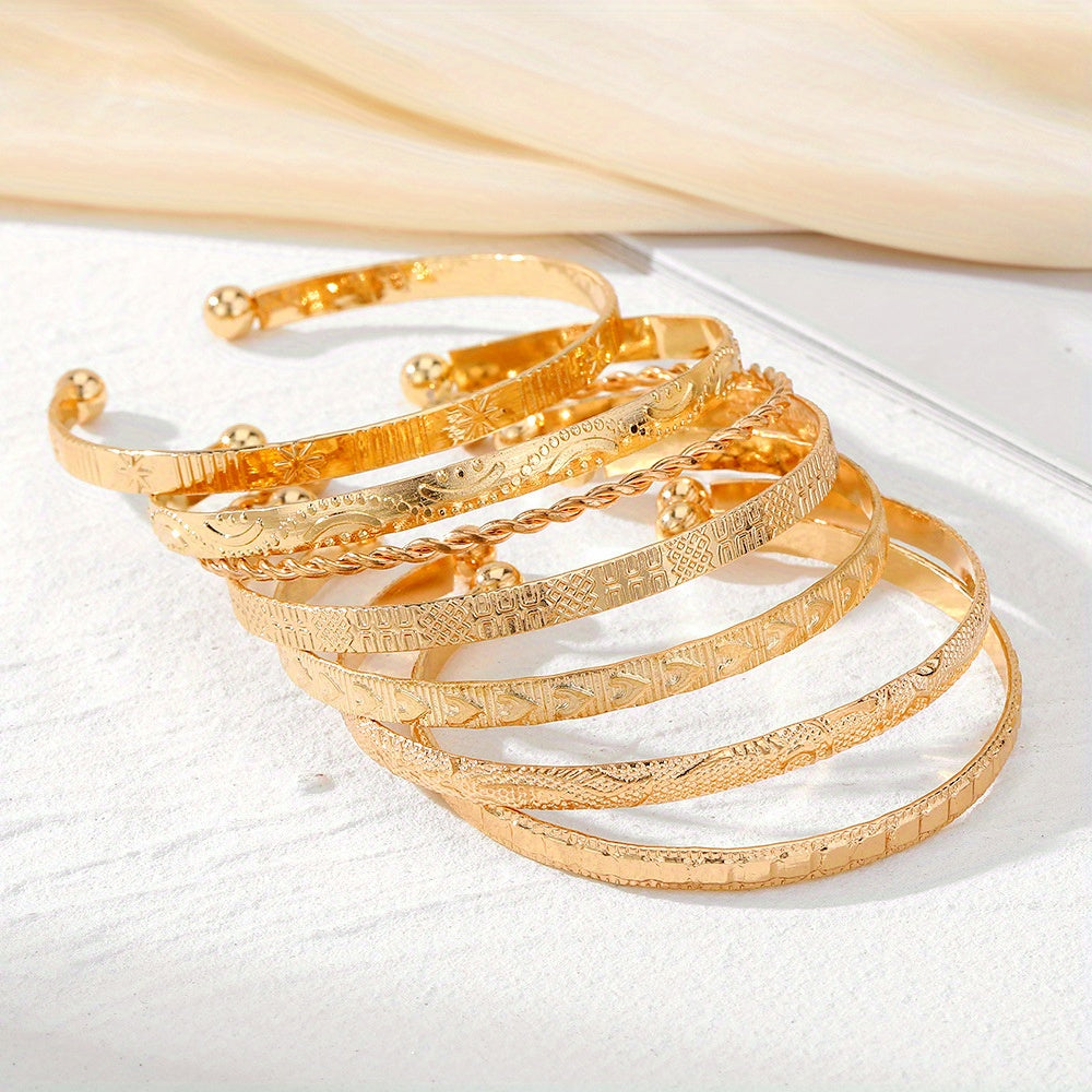 7 PCS Set Golden-Toned Bangle Set - Boho & Punk Style Alloy Open Cuff Bracelets with Arrow,, and Star Patterns for Everyday & Party Wear, Bangle Bracelet Women Jewelry Accessory Sets