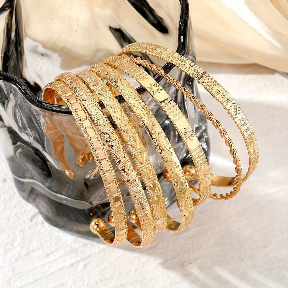 7 PCS Set Golden-Toned Bangle Set - Boho & Punk Style Alloy Open Cuff Bracelets with Arrow,, and Star Patterns for Everyday & Party Wear, Bangle Bracelet Women Jewelry Accessory Sets