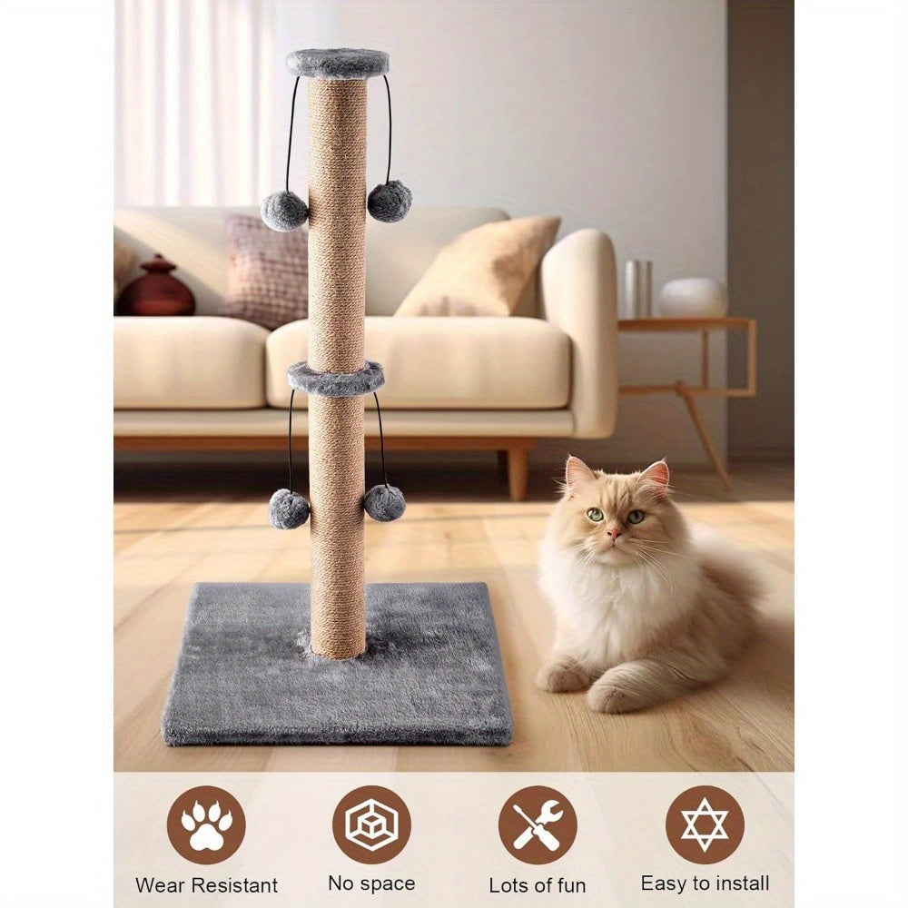 Cat Scratching Post 74cm Foldable Bottom Tall Cat Claw Scratcher with 4 Toy Ball Natural Sisal Scratch Pole and Soft Carpet Covered Heavy Base Modern Stable Design for Cats Gray
