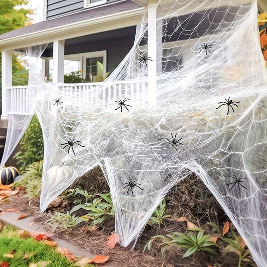 200 Sqft Spider Webs Halloween Decorations with 10 Fake Spiders - Super Stretch Cobwebs, Durable Fabric Indoor/Outdoor Party Supplies for Halloween, Day of the Dead