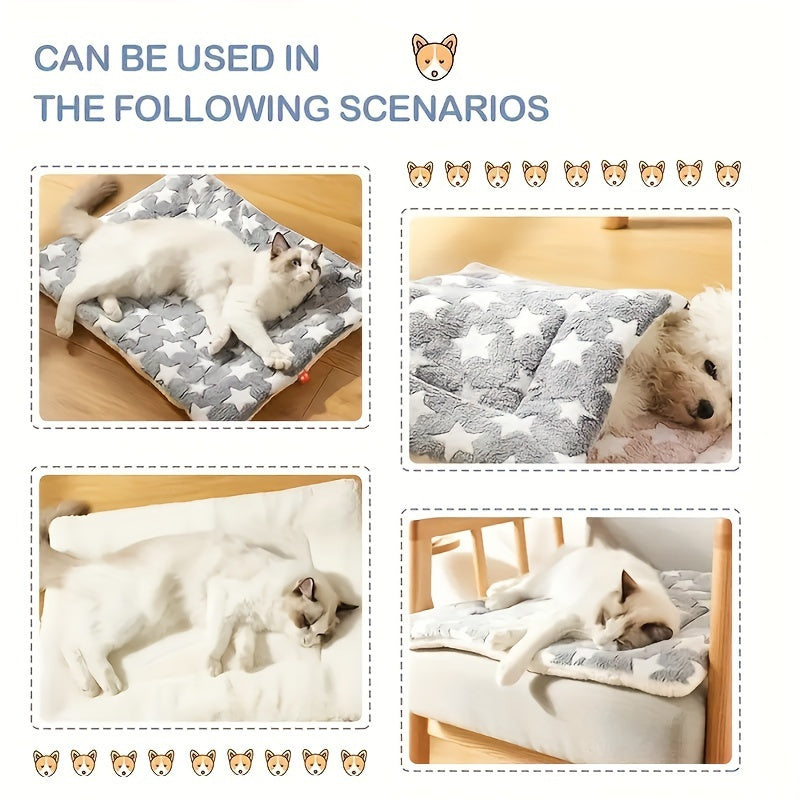 Ultra-Soft & Extra-Thick Plush Pet Mat - Star-Patterned Flannel Cushion for Cats & Dogs, Non-Slip Bottom, Cozy Warmth, Machine Washable, Indoor Comfort for All Breeds, Anti-Slip Pet Accessory | Plush Pet Cushion | Durable Po