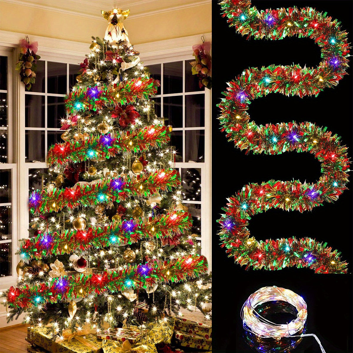 NEW Arrivals 1pc 4.88meter LED Christmas Tinsel Garland with 50 Lights - Battery Operated Decorative Swags, No Feathers, Glam Style, AA Dry Battery Powered (Batteries Not Included)