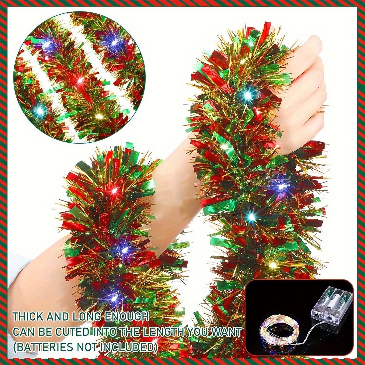 NEW Arrivals 1pc 4.88meter LED Christmas Tinsel Garland with 50 Lights - Battery Operated Decorative Swags, No Feathers, Glam Style, AA Dry Battery Powered (Batteries Not Included)