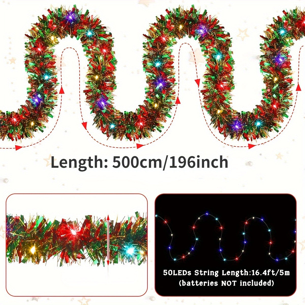 NEW Arrivals 1pc 4.88meter LED Christmas Tinsel Garland with 50 Lights - Battery Operated Decorative Swags, No Feathers, Glam Style, AA Dry Battery Powered (Batteries Not Included)
