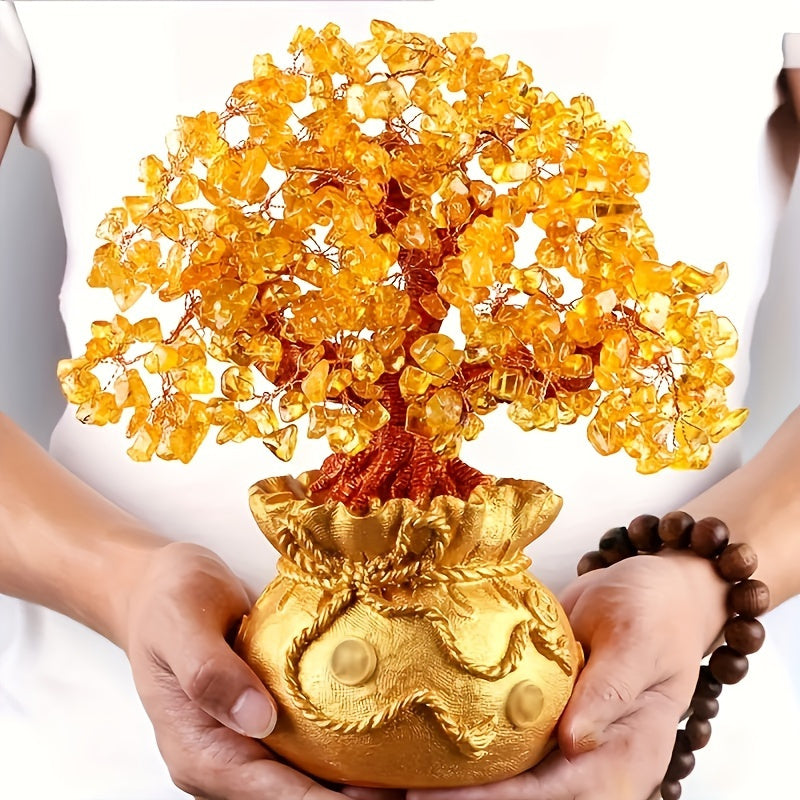Exquisite Resin Wealth Tree with Natural Crystal Leaves - Attract Wealth and Prosperity, Feng Shui Inspired Home Decor, Unique Business Gift, Auspicious Wealth Symbol, Suitable for Reptile Habitat Trees