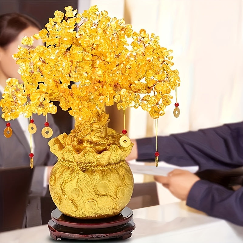 Exquisite Resin Wealth Tree with Natural Crystal Leaves - Attract Wealth and Prosperity, Feng Shui Inspired Home Decor, Unique Business Gift, Auspicious Wealth Symbol, Suitable for Reptile Habitat Trees