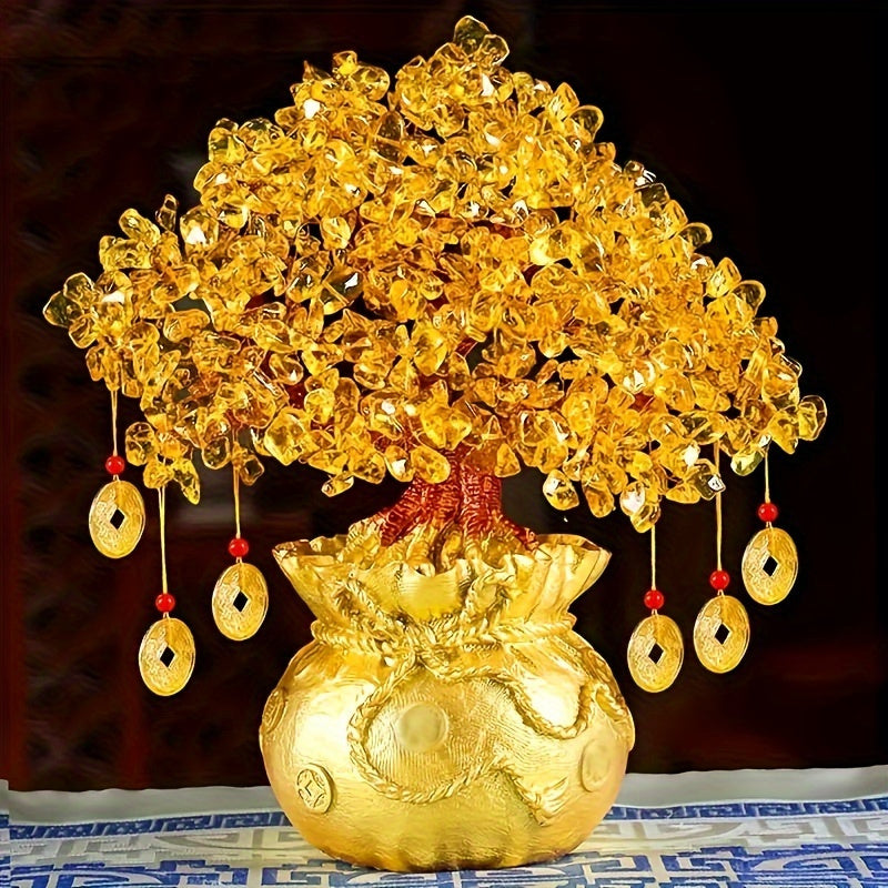 Exquisite Resin Wealth Tree with Natural Crystal Leaves - Attract Wealth and Prosperity, Feng Shui Inspired Home Decor, Unique Business Gift, Auspicious Wealth Symbol, Suitable for Reptile Habitat Trees