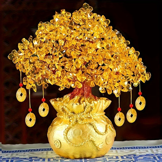 Exquisite Resin Wealth Tree with Natural Crystal Leaves - Attract Wealth and Prosperity, Feng Shui Inspired Home Decor, Unique Business Gift, Auspicious Wealth Symbol, Suitable for Reptile Habitat Trees