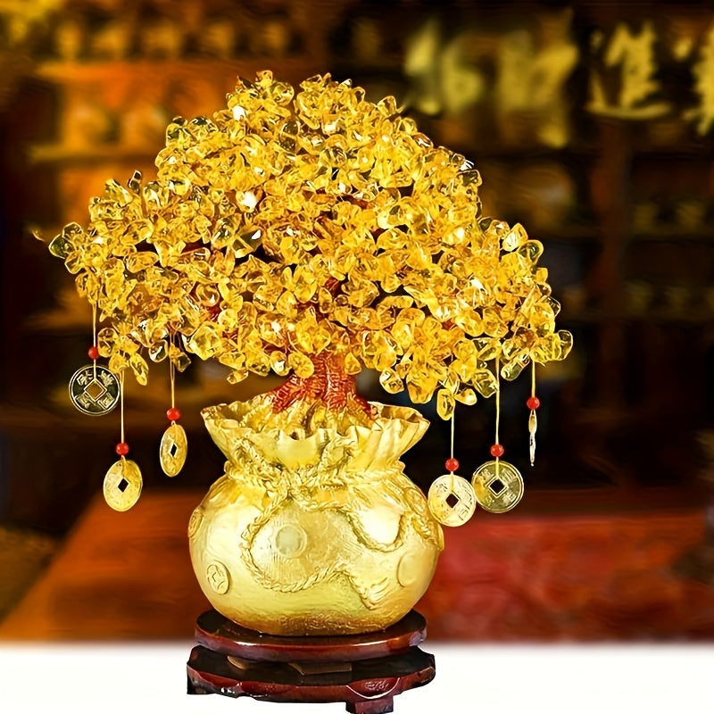 Exquisite Resin Wealth Tree with Natural Crystal Leaves - Attract Wealth and Prosperity, Feng Shui Inspired Home Decor, Unique Business Gift, Auspicious Wealth Symbol, Suitable for Reptile Habitat Trees